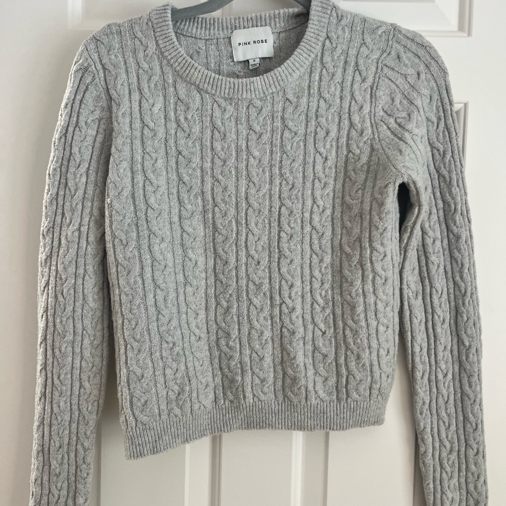 Pink Rose Light Gray Cable Knit Sweater